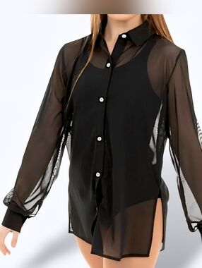 🟢 Sheer Black Long Sleeve Crystal Button-Up Collared Blouse XLarge A Love Story